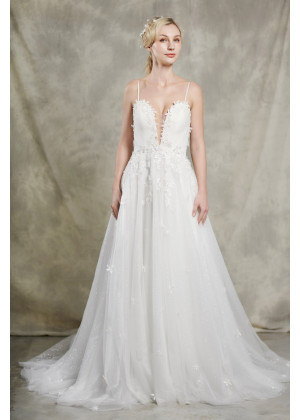 Plunging V Neck Ivory Lace Sparkle Tulle Open Back Wedding Dress